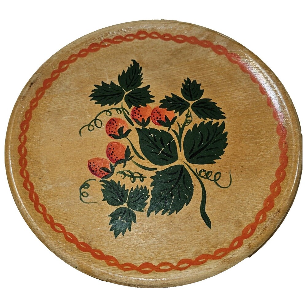 Vintage Wood plate Hand Painted Strawberry strawberries plant home decor